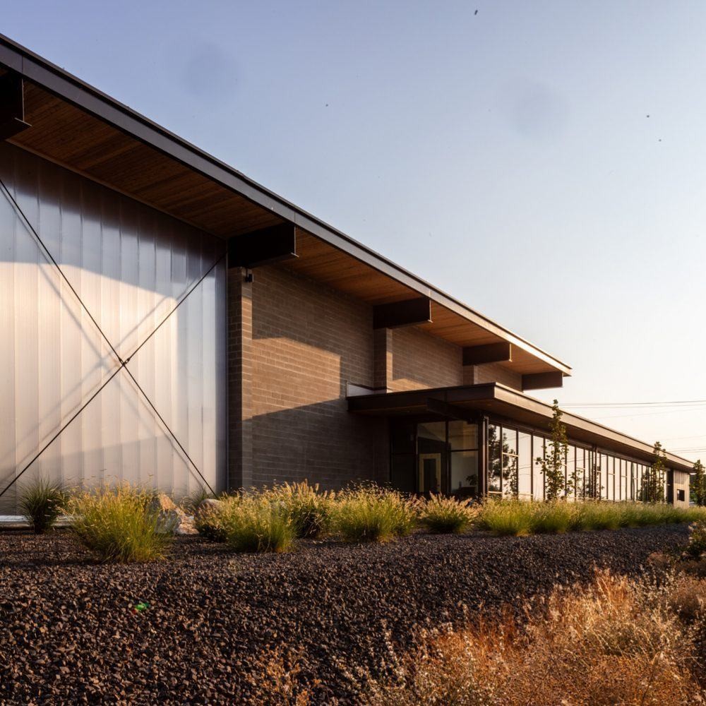 Facility exterior detail at golden hour