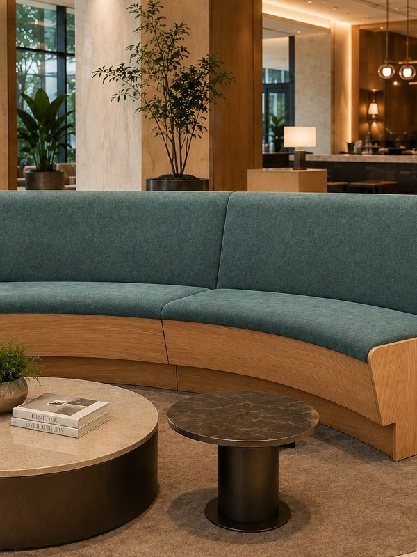 Curved green banquette seating with wood base in a lobby