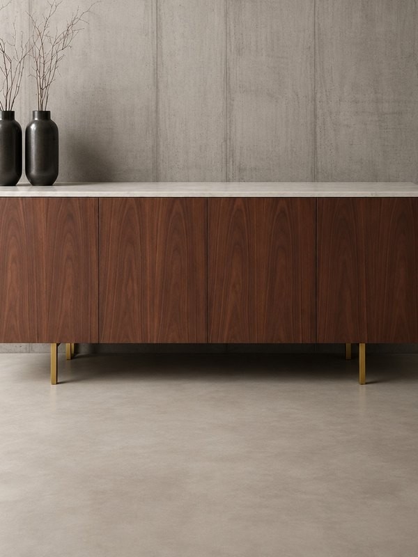 Walnut sideboard with stone top and brass legs