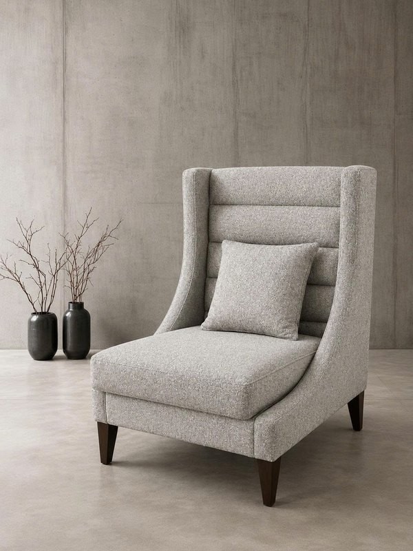 Channel-tufted wingback lounge chair in textured grey