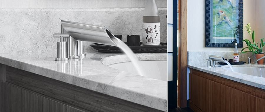 Gillespie Residence master bath renovation with reeded wood vanity and stone