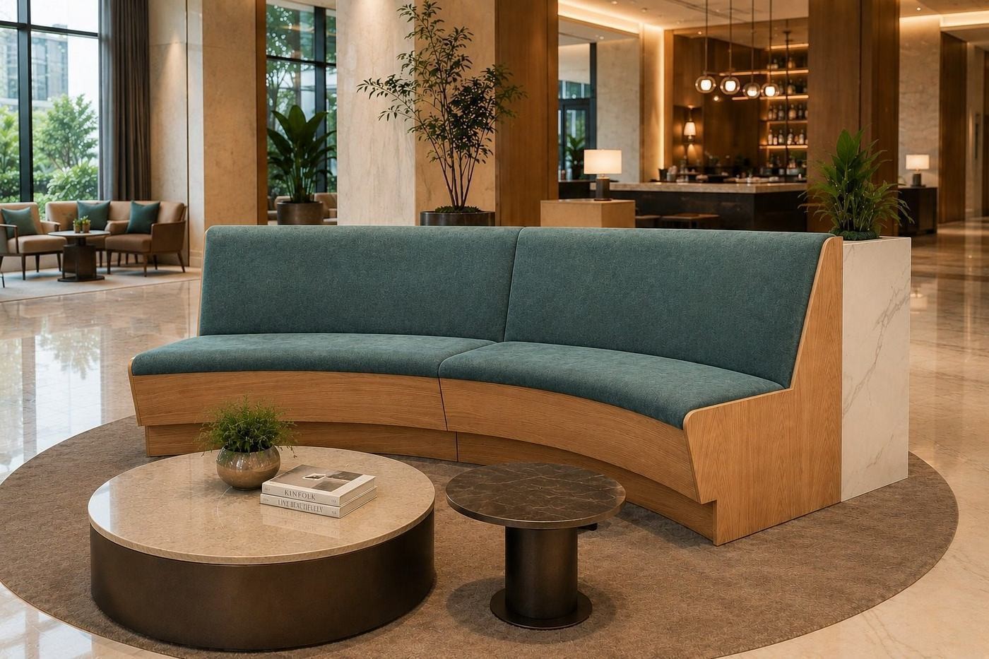Curved banquette lounge in a lobby