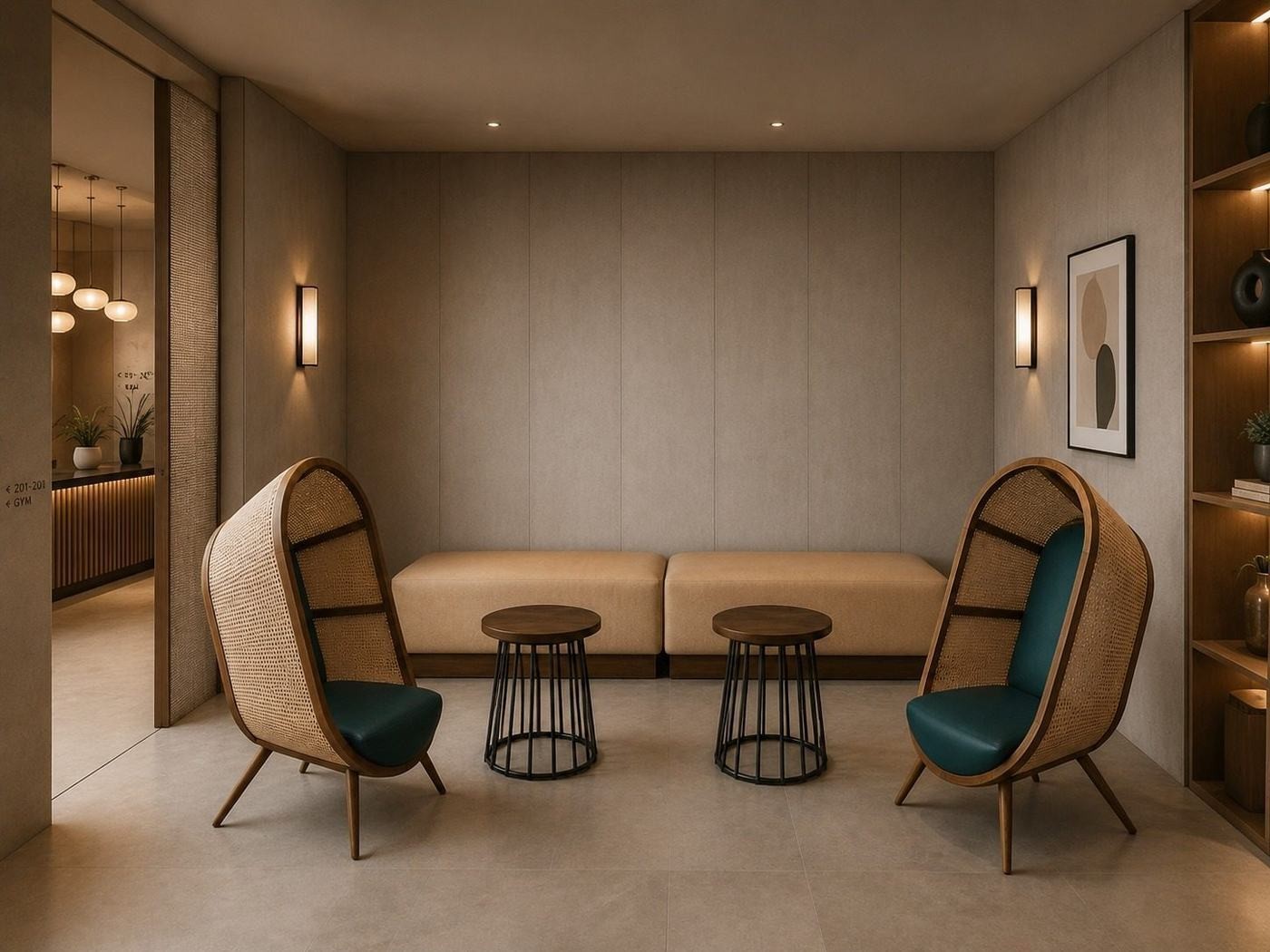 Quiet nook with cane cocoon chairs