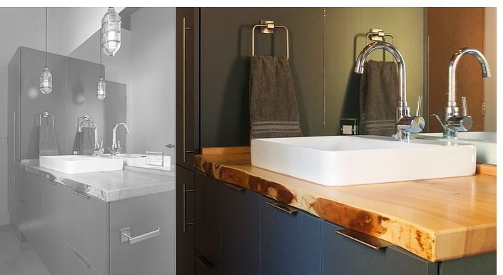 Live-edge wood vanity with vessel sinks
