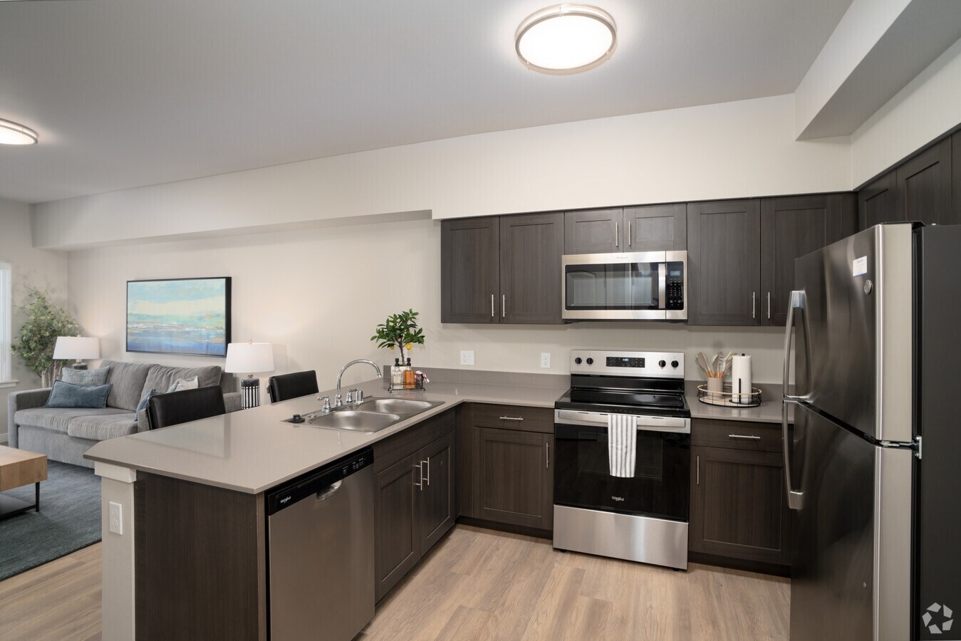 Model unit kitchen showing casework, quartz counters, and plank flooring together