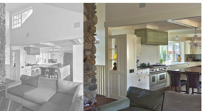 River Park great room with stone column and open kitchen