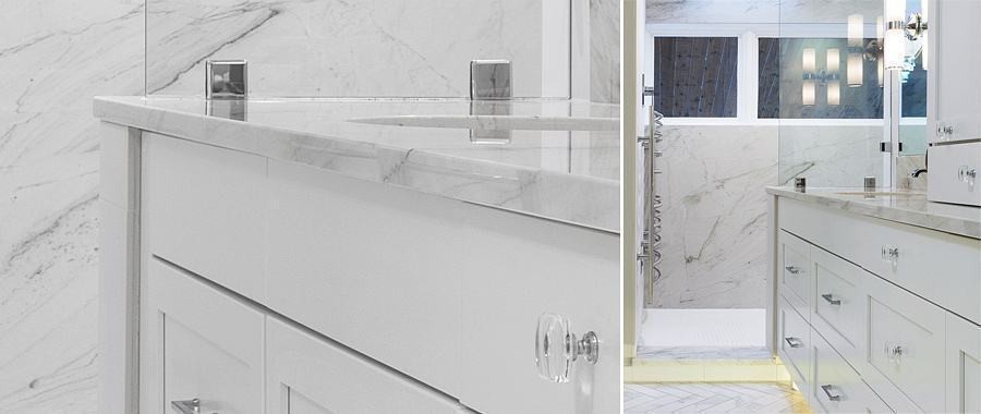 Southfork Remodel marble vanity detail and shower